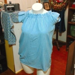 L Denim Ruffle Peasant top with pockets